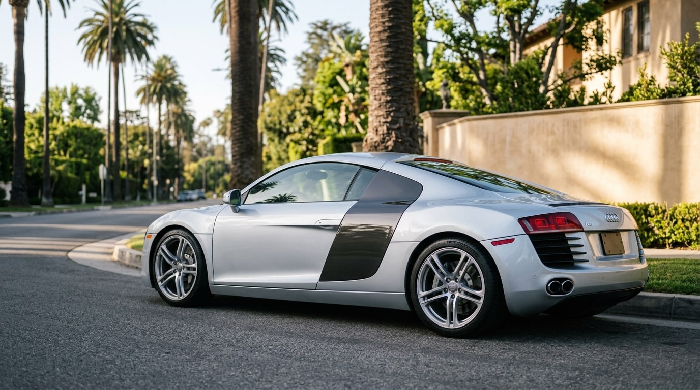 Silver first-generation 2008 Audi R8 with a dark side blade behind the door, rear three-quarter view at a kerb on a palm-lined Los Angeles street