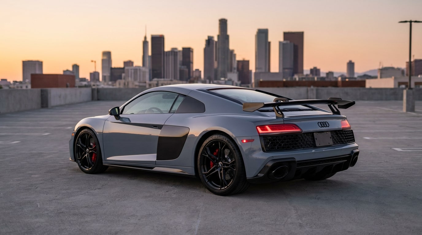 Grey 2023 Audi R8 V10 GT with a carbon rear wing and side blades, low rear three-quarter view on a rooftop car park at dusk