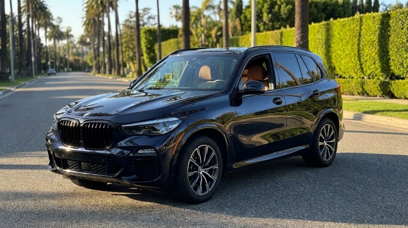Black BMW X5 from a low front three-quarter on a palm-lined Beverly Hills street