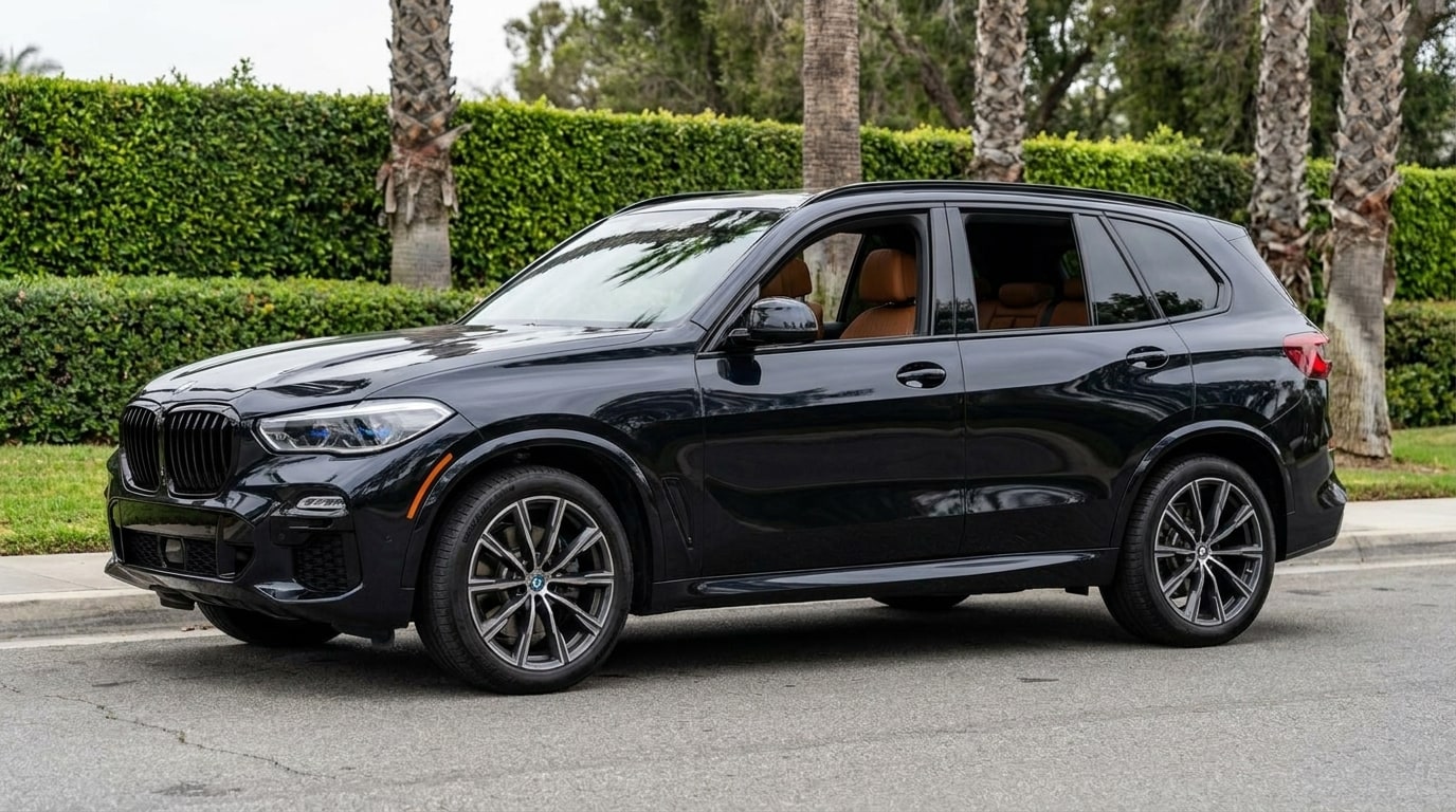 Black BMW X5 in profile at the kerb, showing its full length