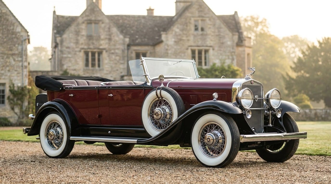 Maroon and black 1930 Cadillac V-16 Sport Phaeton on a gravel drive