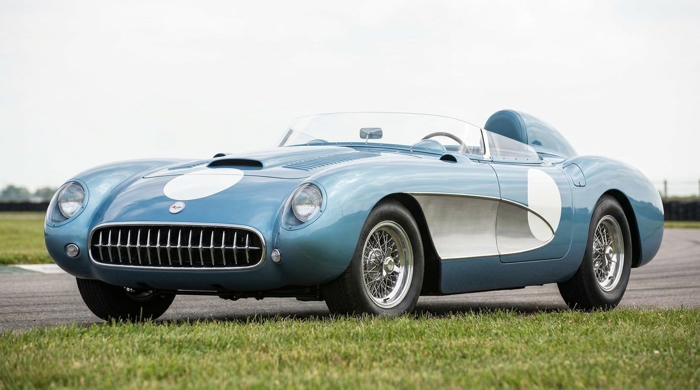 1957 Chevrolet Corvette SS XP-64 works racing car in light blue, low front three-quarter view at a circuit