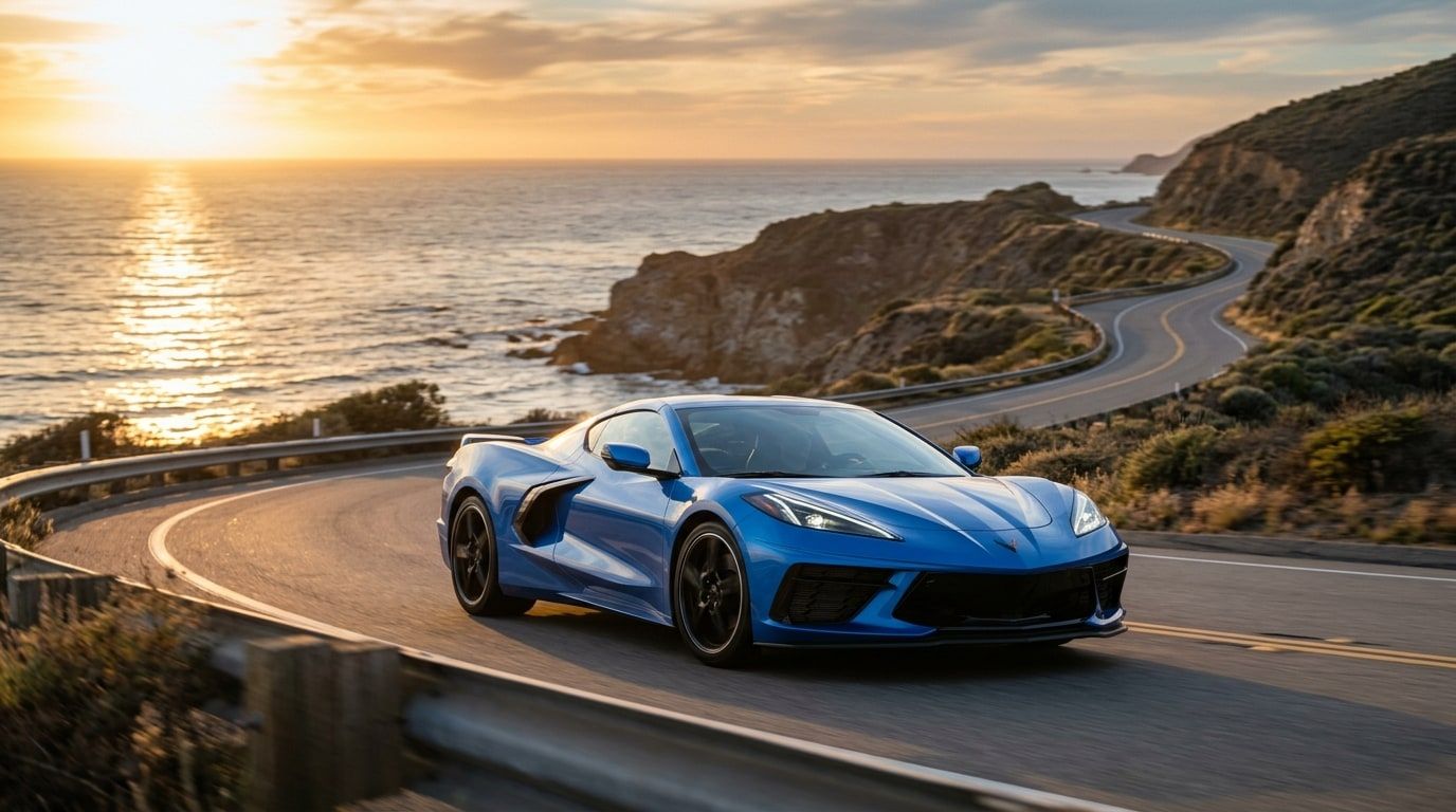 Blue mid-engined American sports car on a coastal road at golden hour