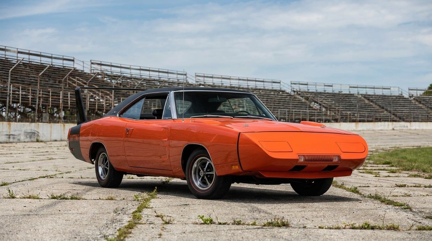 Orange 1969 Dodge Charger Daytona with pointed nose cone and tall rear wing at a disused speedway