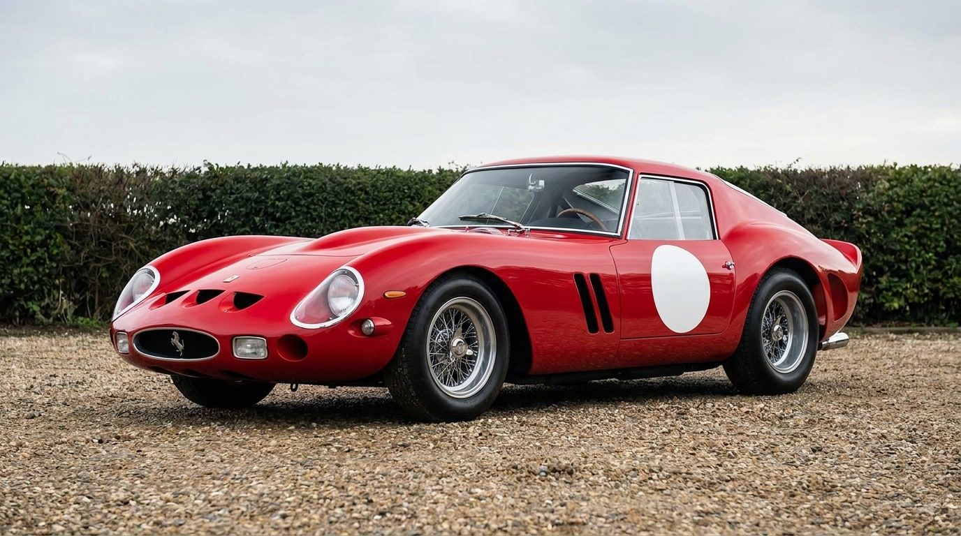 Red Ferrari 250 GTO, low front three-quarter view showing the long nose, covered headlamps and wire wheels