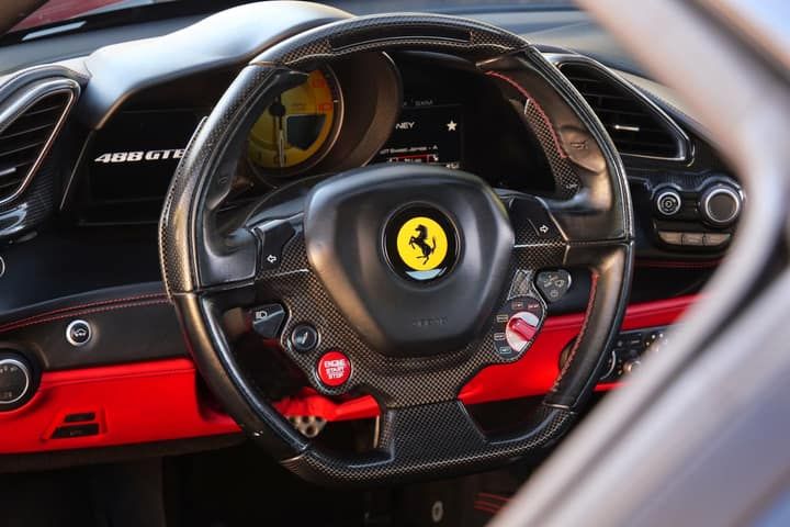 Red Ferrari 488 GTB rental in Los Angeles, front three-quarter view