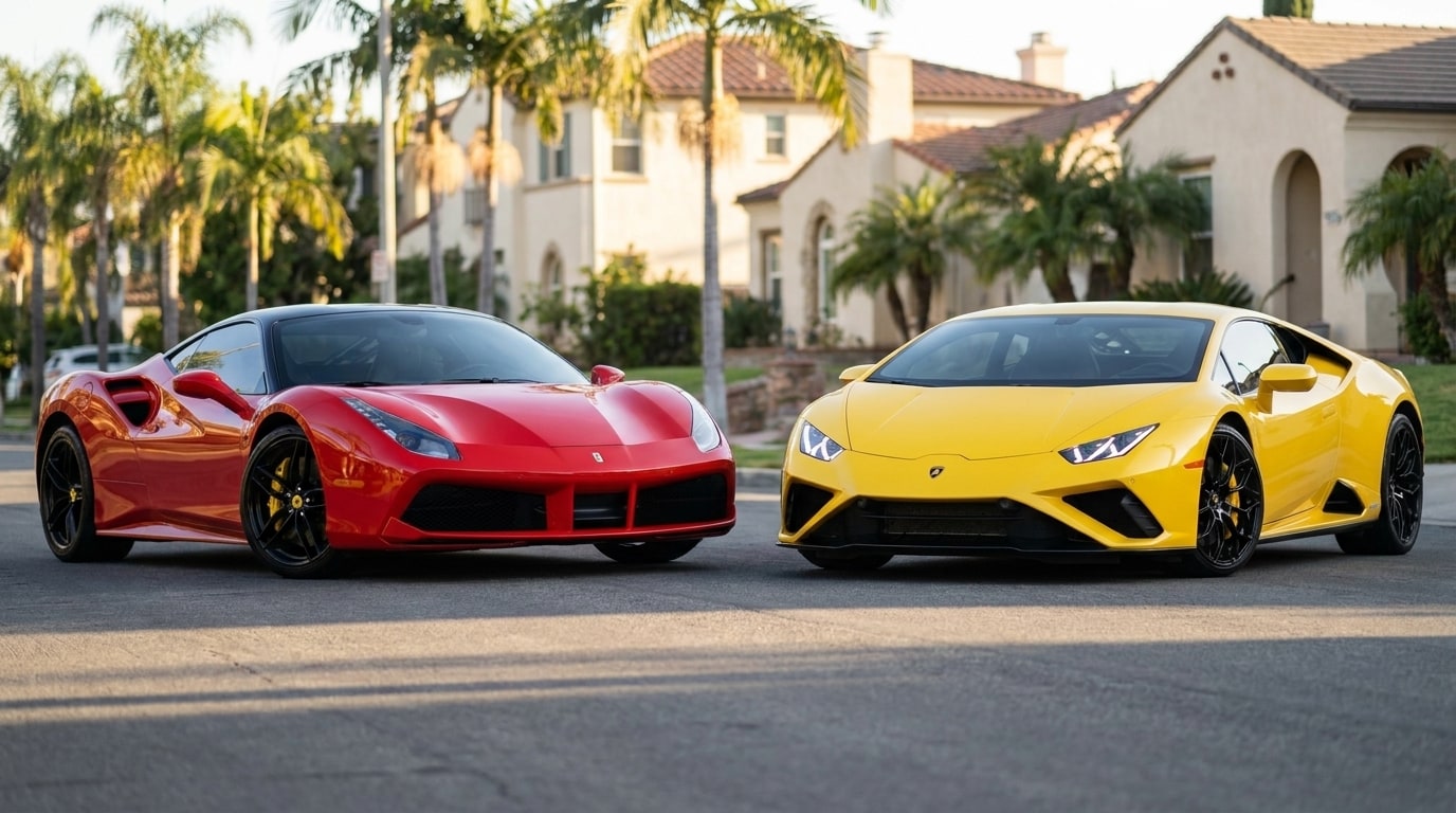 Red Ferrari 488 GTB and yellow Lamborghini Huracán Evo parked nose to nose on a Los Angeles street