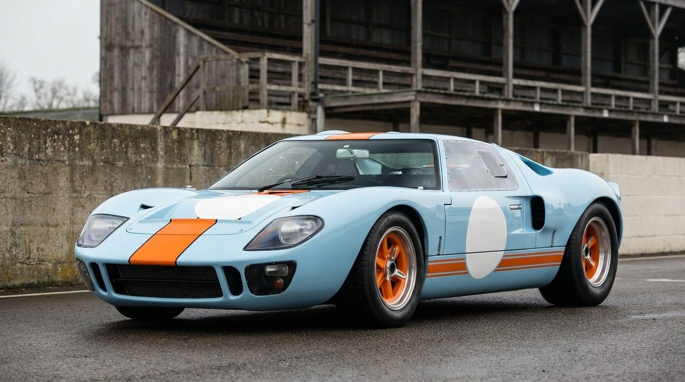 Ford GT40 Mk II in blue and orange livery, low front three-quarter view in a pit lane