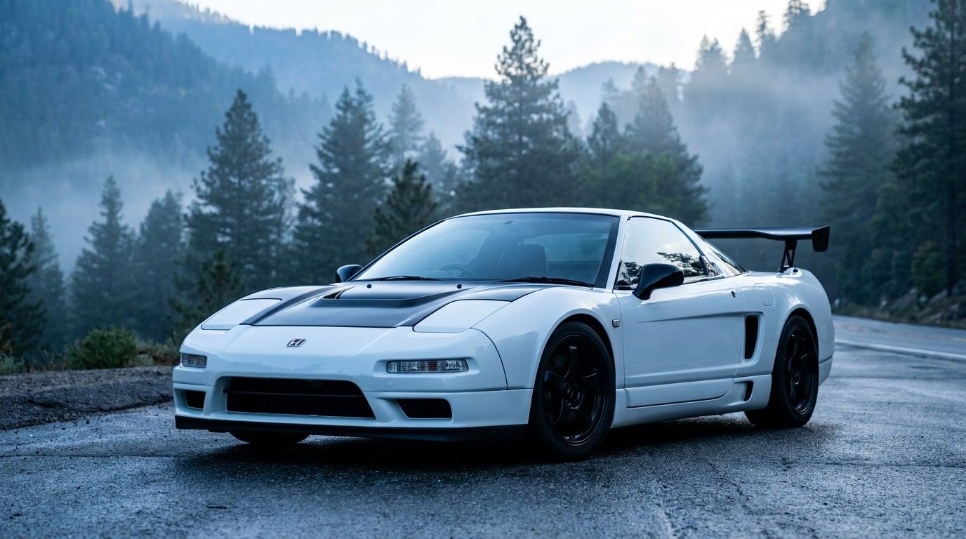 Honda NSX-R in Championship White on a damp mountain road at dawn, low front three-quarter view
