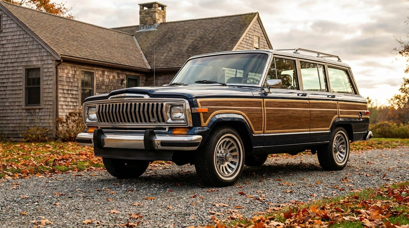 Dark blue 1986 Jeep Grand Wagoneer with woodgrain panels on a gravel drive in autumn