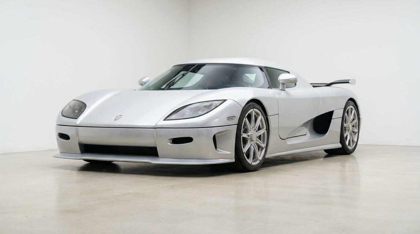 Koenigsegg CCXR Trevita in shimmering silver-white carbon fibre in a white studio