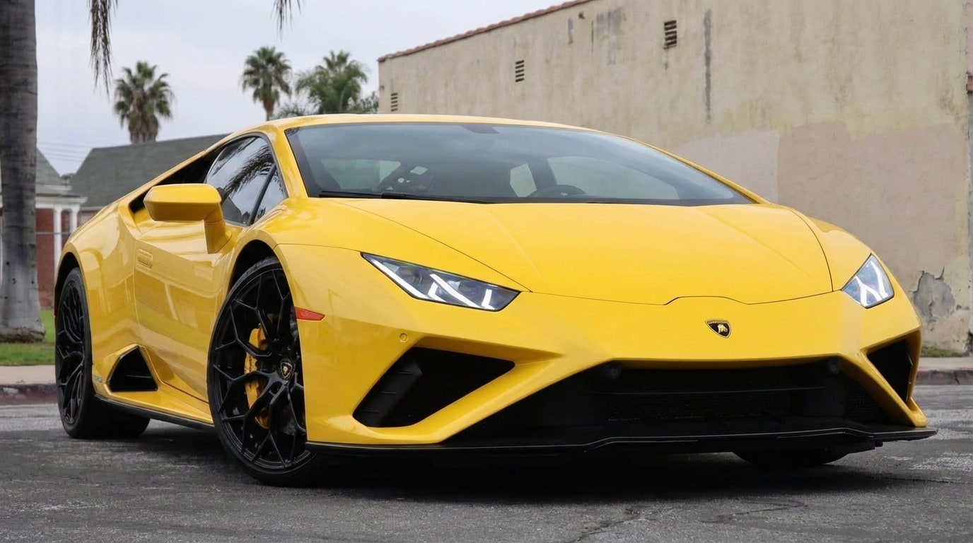 Yellow Lamborghini Huracán Evo on a Los Angeles street, front three-quarter view
