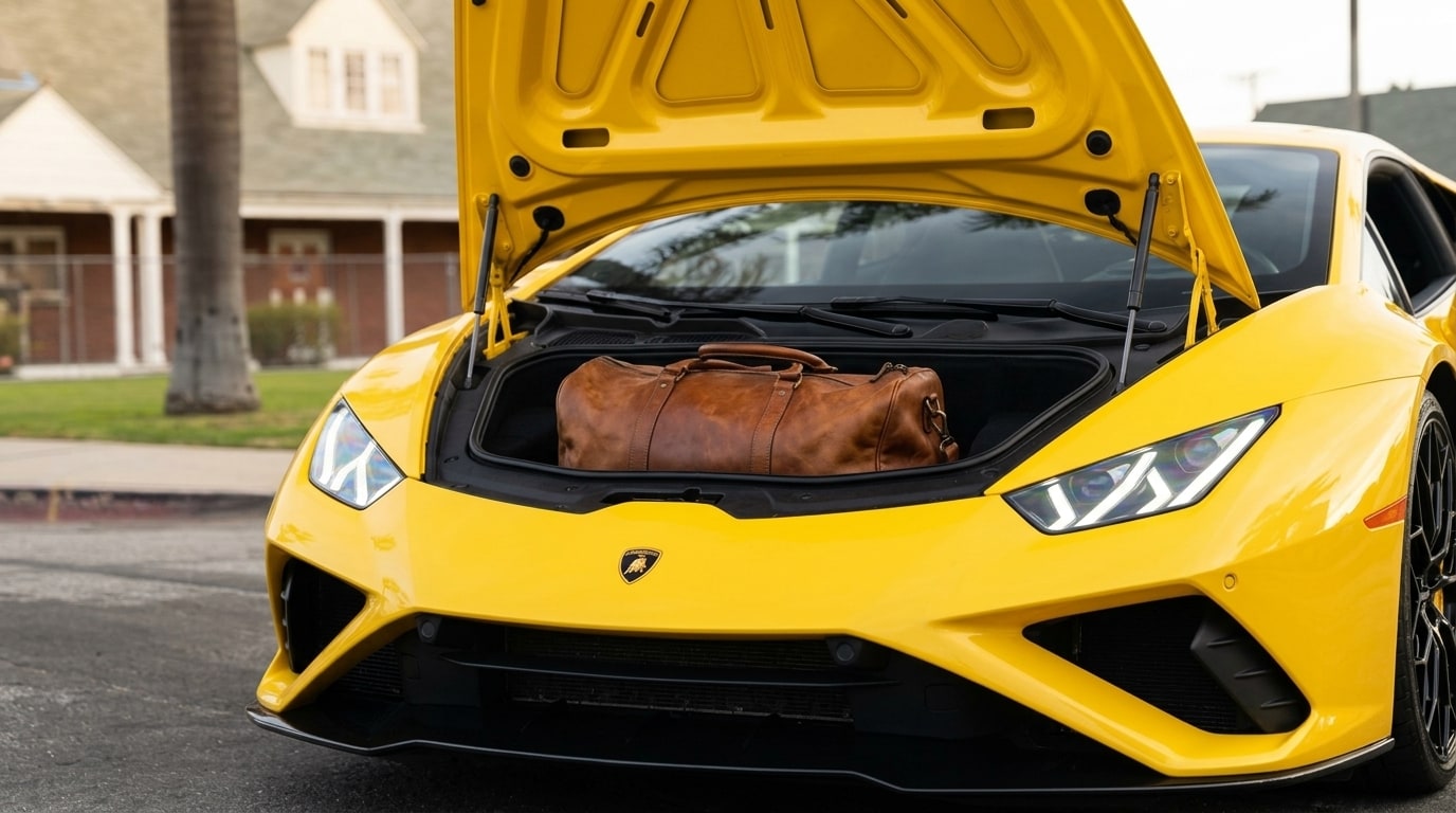 Yellow Lamborghini Huracán Evo with its front luggage compartment open and a single weekend bag inside