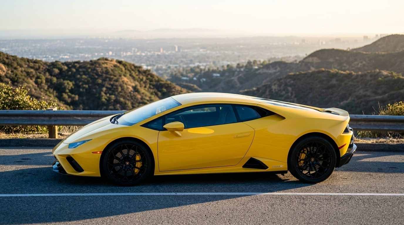 Yellow Lamborghini Huracán Evo on an empty stretch of Mulholland Drive at dawn with the Los Angeles basin below