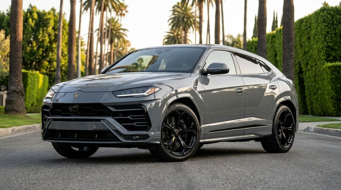 Grey Lamborghini Urus from a front three-quarter on a palm-lined Beverly Hills street