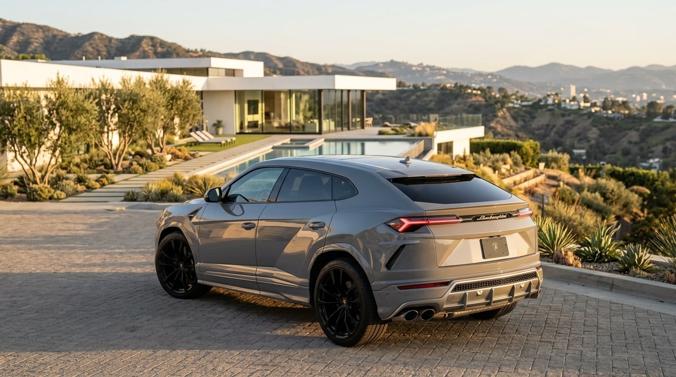 Grey Lamborghini Urus from the rear three-quarter outside a hillside villa
