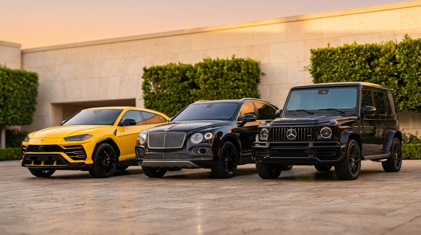 A yellow Lamborghini Urus, a black Bentley Bentayga and a black Mercedes-AMG G 63 on a hotel forecourt