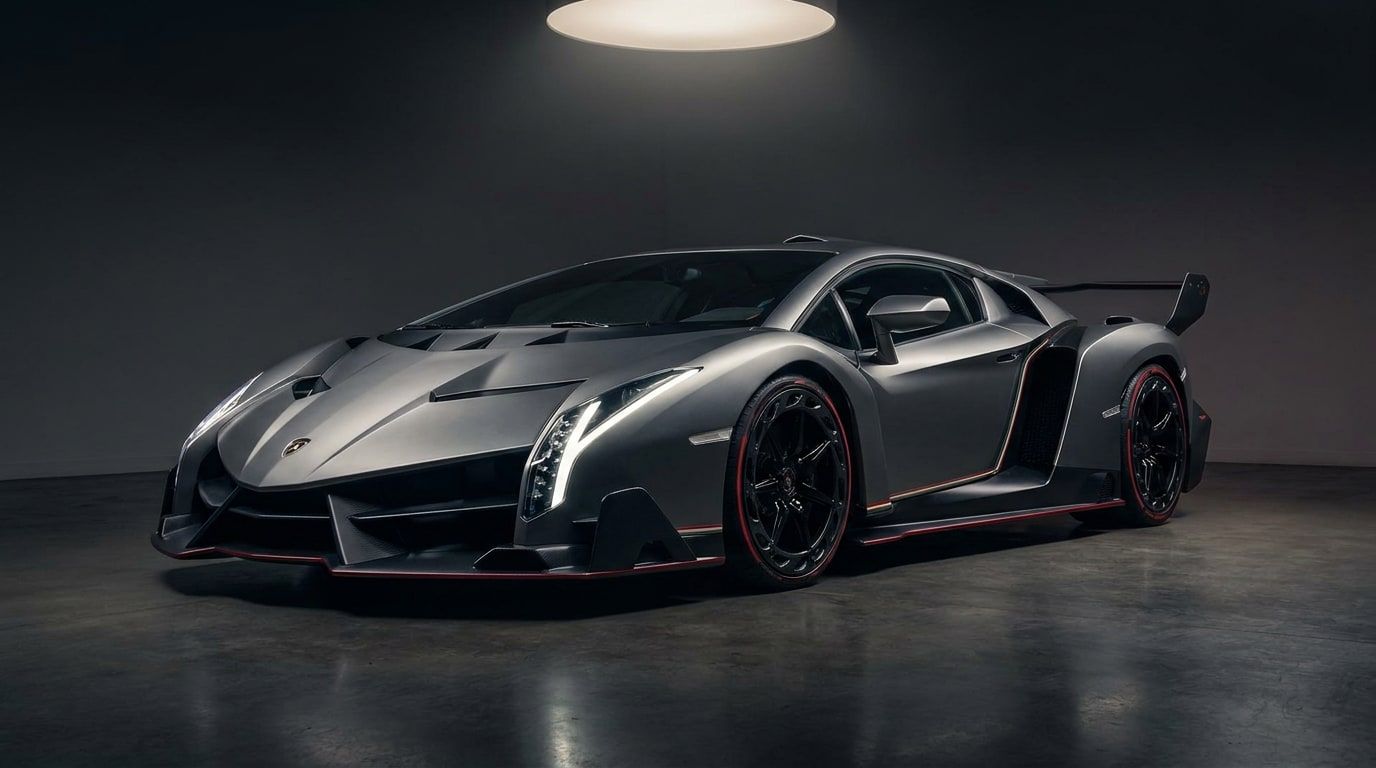 Lamborghini Veneno in matte grey with red accents, low front three-quarter view showing the angular wedge bodywork and Y-shaped headlights