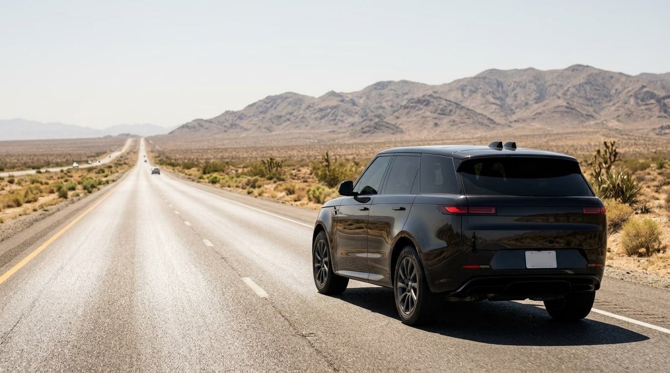 Black Range Rover Sport on Interstate 15 through the Mojave desert, heading out of Los Angeles