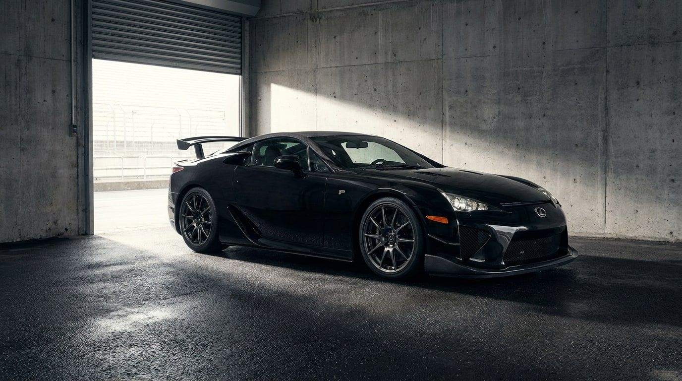 Black Lexus LFA Nurburgring Edition in a concrete pit garage, low front three-quarter view