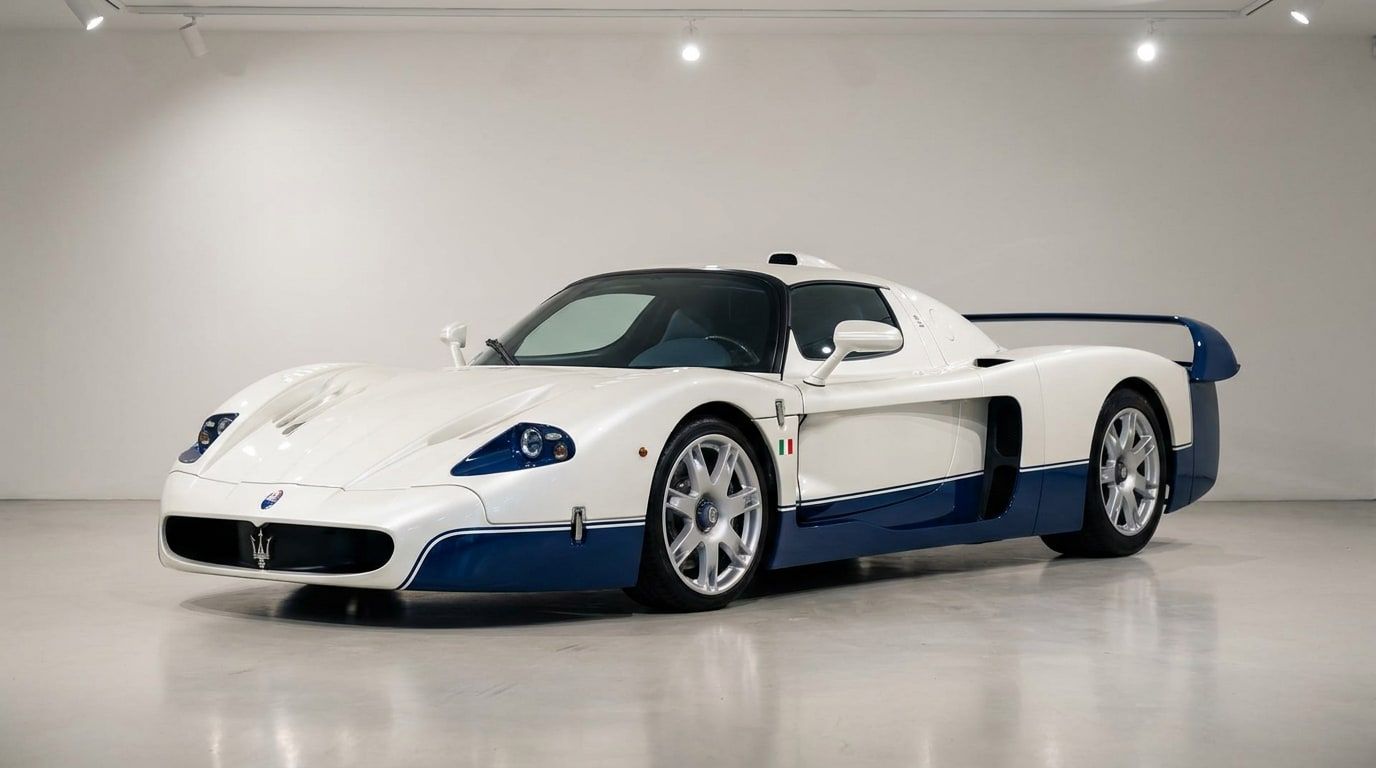 Maserati MC12 in white with blue accents, low front three-quarter view showing the long bonnet and roof snorkel