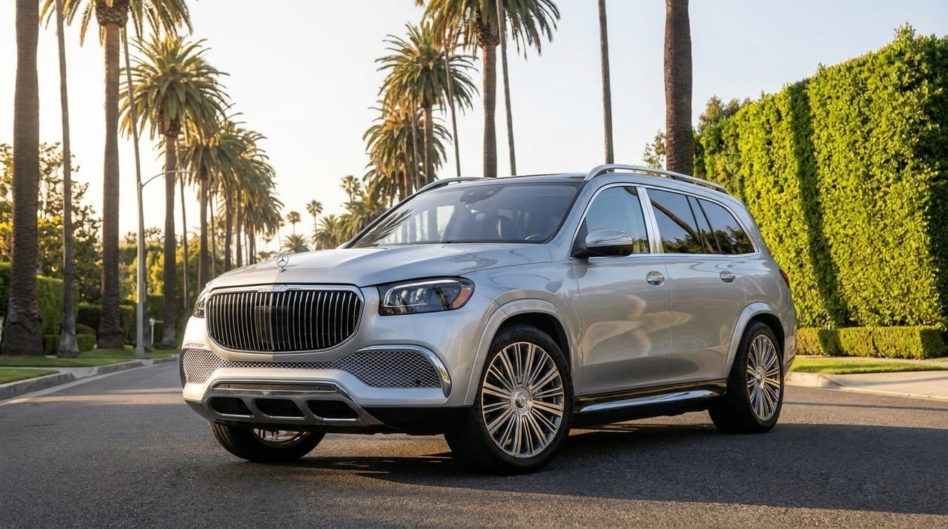 Silver Maybach GLS 600 from a front three-quarter on a Beverly Hills street