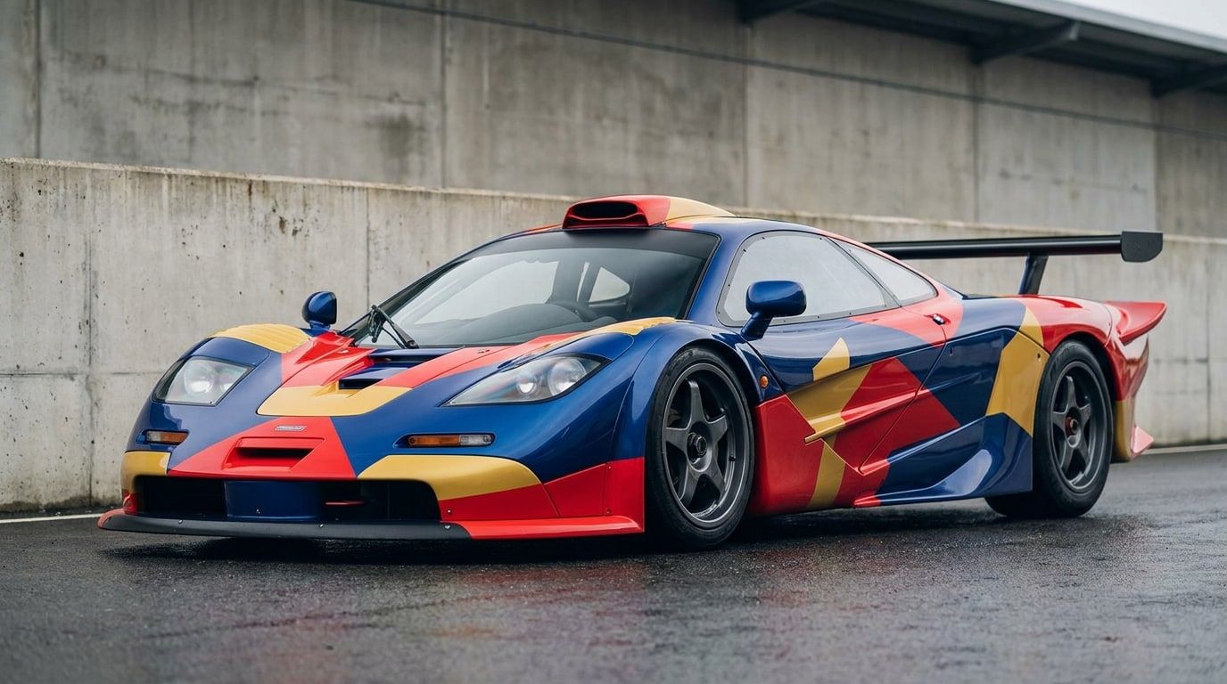 McLaren F1 GTR racing coupe in a multi-coloured geometric livery in a pit lane