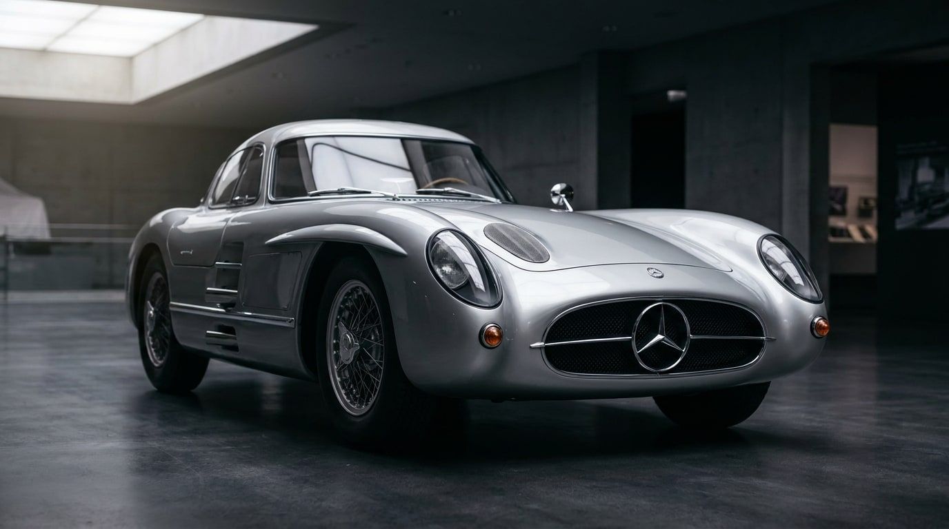 Mercedes-Benz 300 SLR Uhlenhaut Coupe in silver, front three-quarter view in a museum hall — the most expensive car ever sold at auction