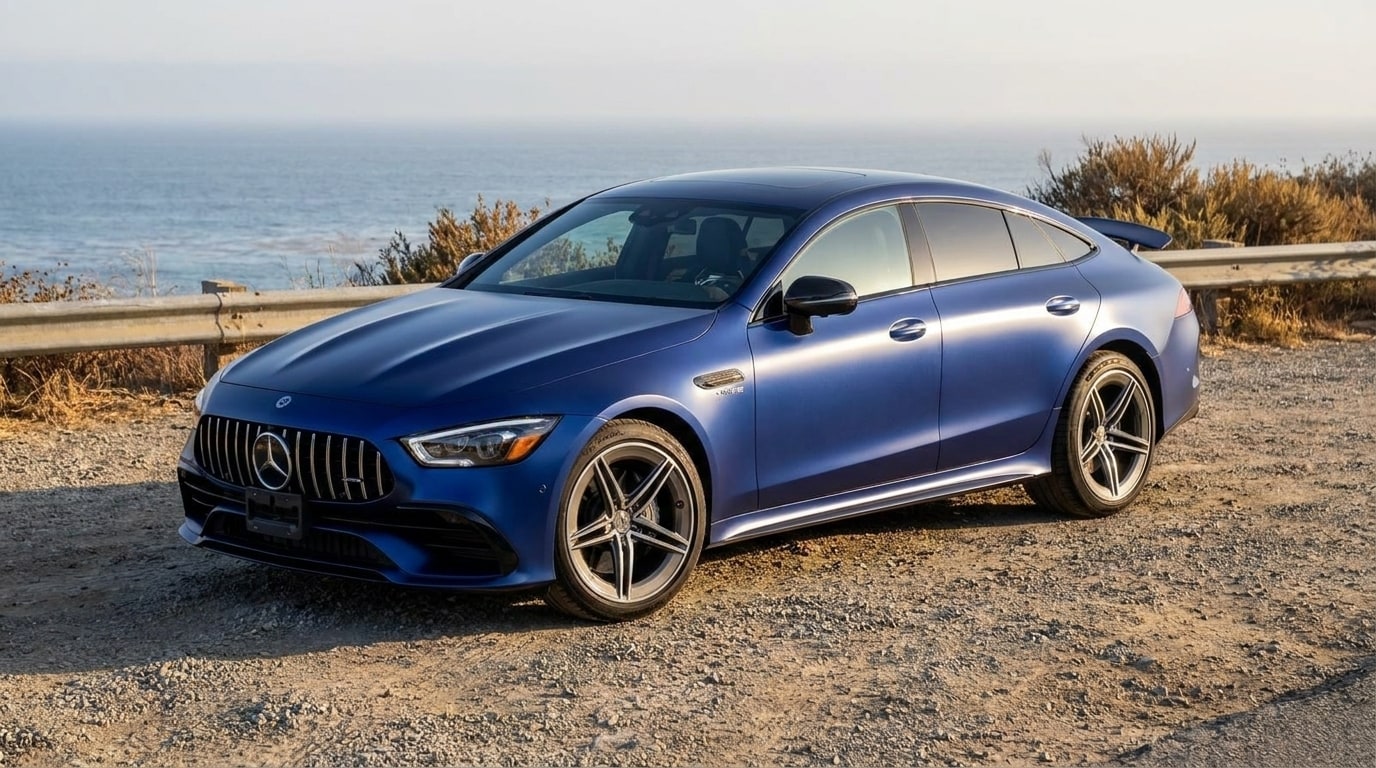 Mercedes-AMG GT 43 four-door at a coast road turnout near Los Angeles