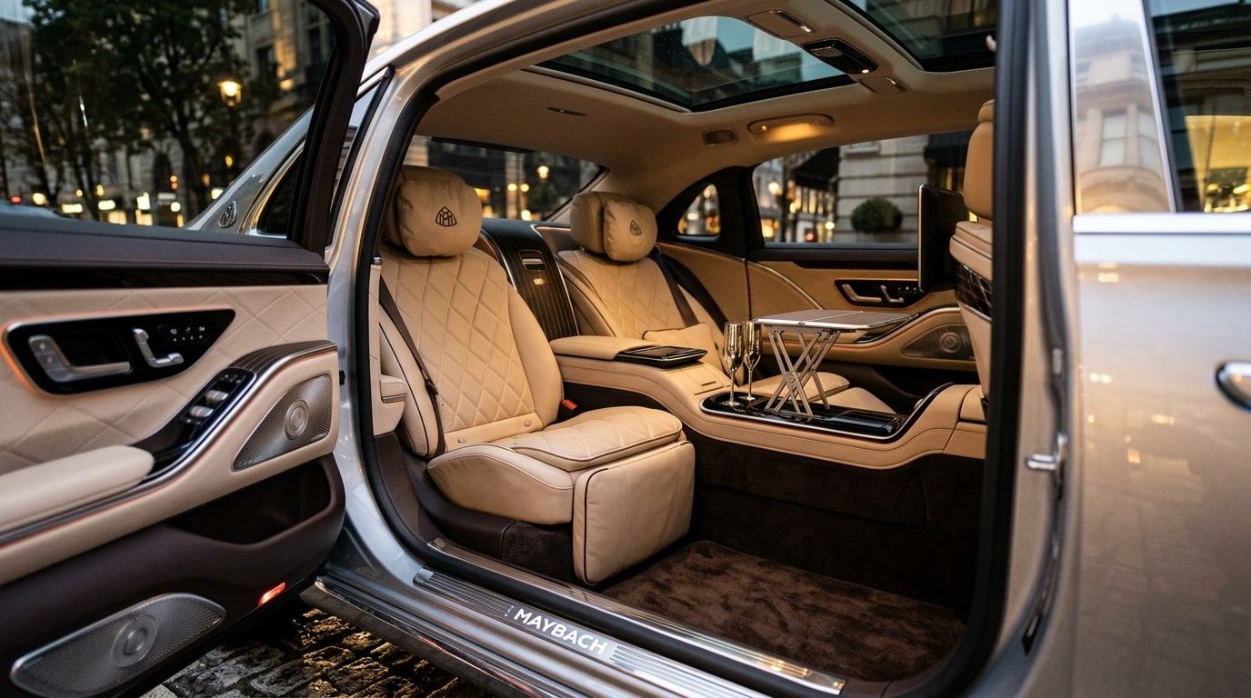 Rear cabin of a Mercedes-Maybach S-Class seen through the open rear door, showing two reclining quilted leather seats, a folding table and champagne flutes