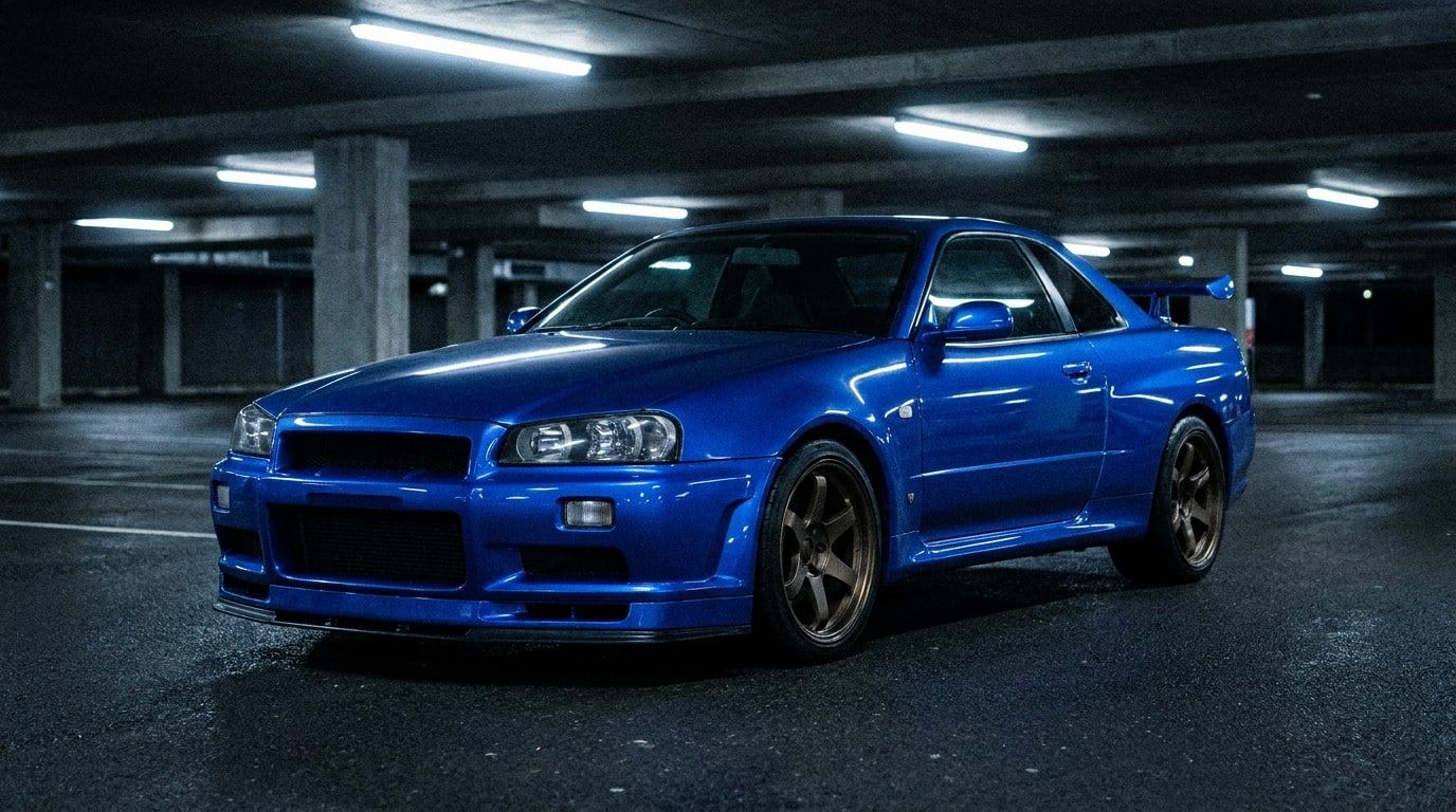 Bayside Blue Nissan Skyline R34 GT-R in an underground car park at night