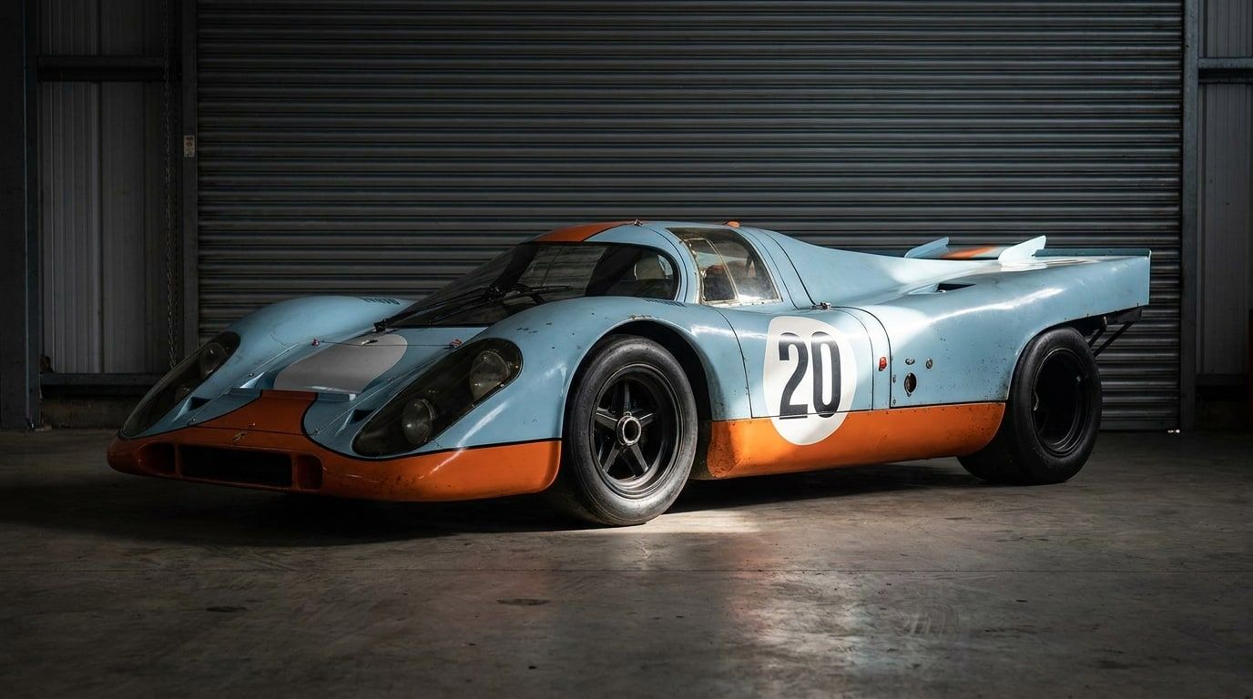 Porsche 917K endurance racing car in blue and orange livery, low front three-quarter view in a garage