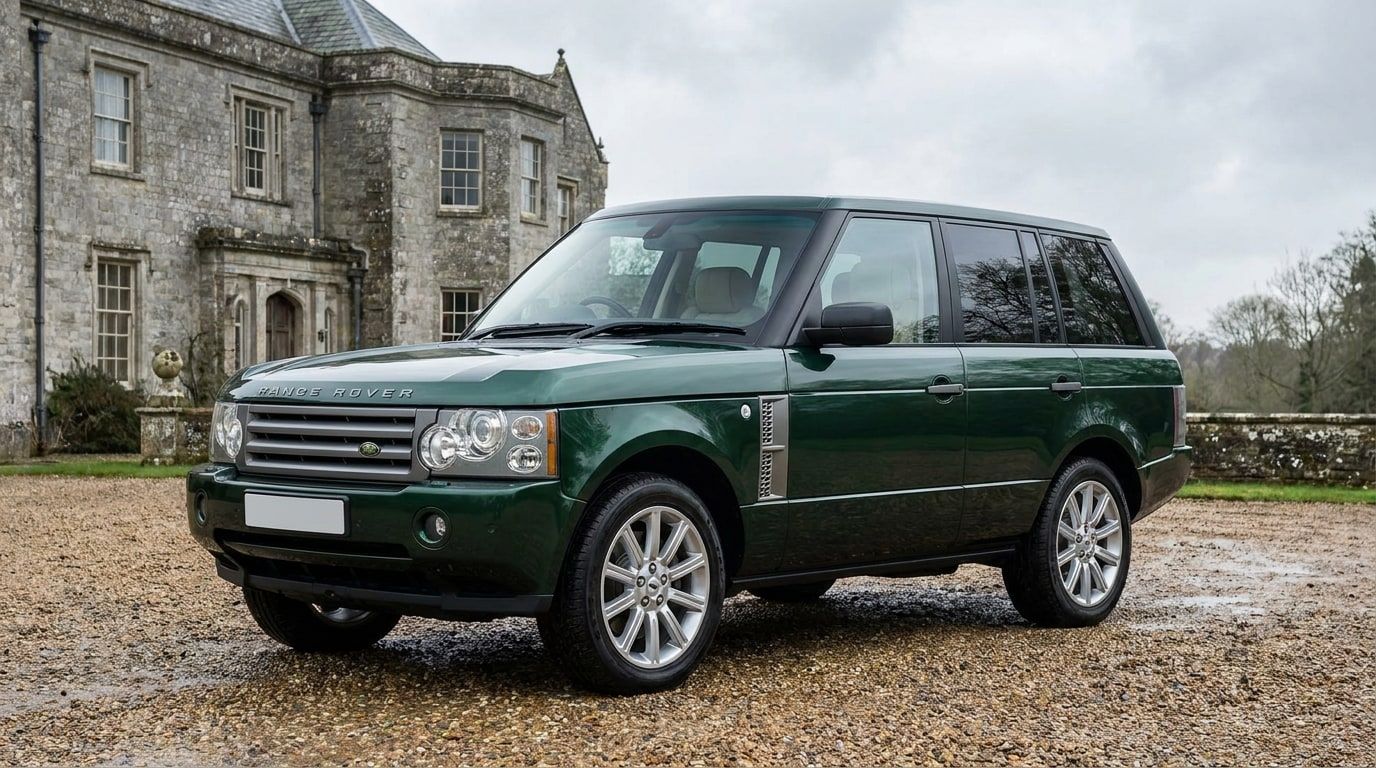 Dark green 2006 Range Rover Vogue on gravel in front of a stone country house