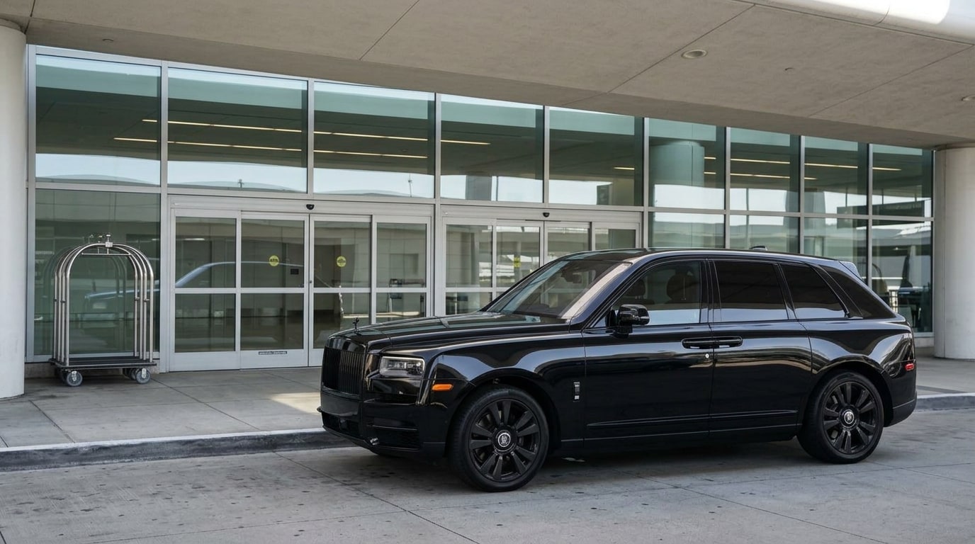 Black Rolls-Royce Cullinan at an airport terminal kerb for a VIP delivery handover