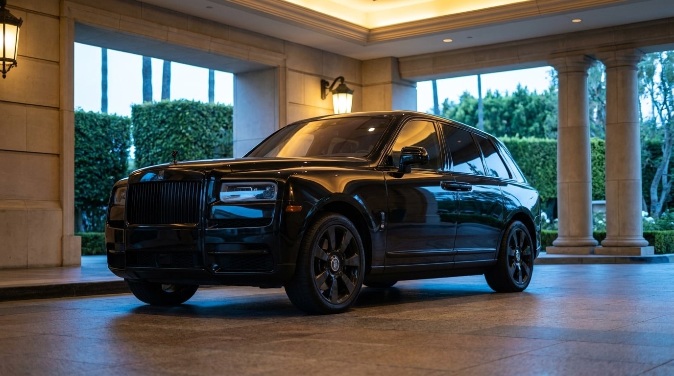 A black Rolls-Royce Cullinan waiting under a Beverly Hills hotel porte-cochère in the morning