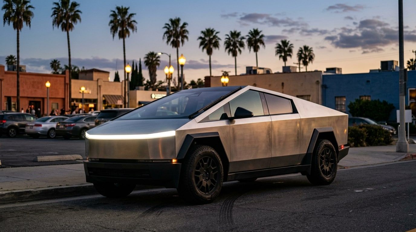 Angular stainless steel electric pickup truck parked on a Los Angeles street at dusk