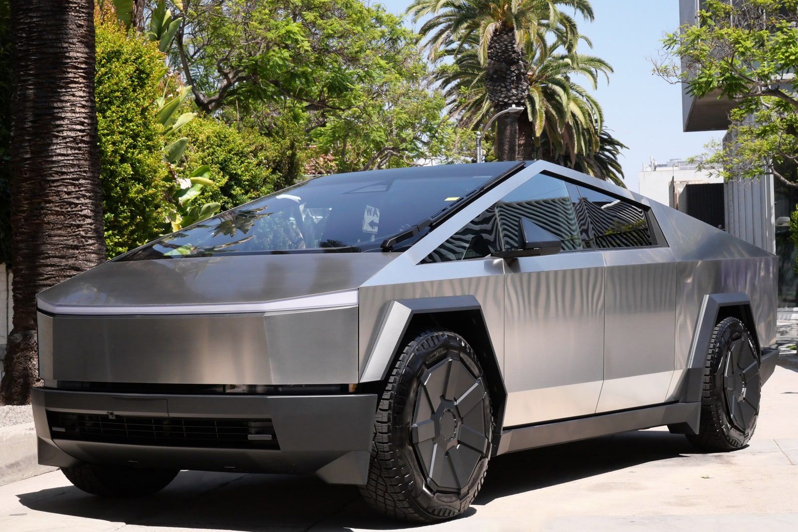Tesla Cybertruck rental in Los Angeles, front three-quarter view